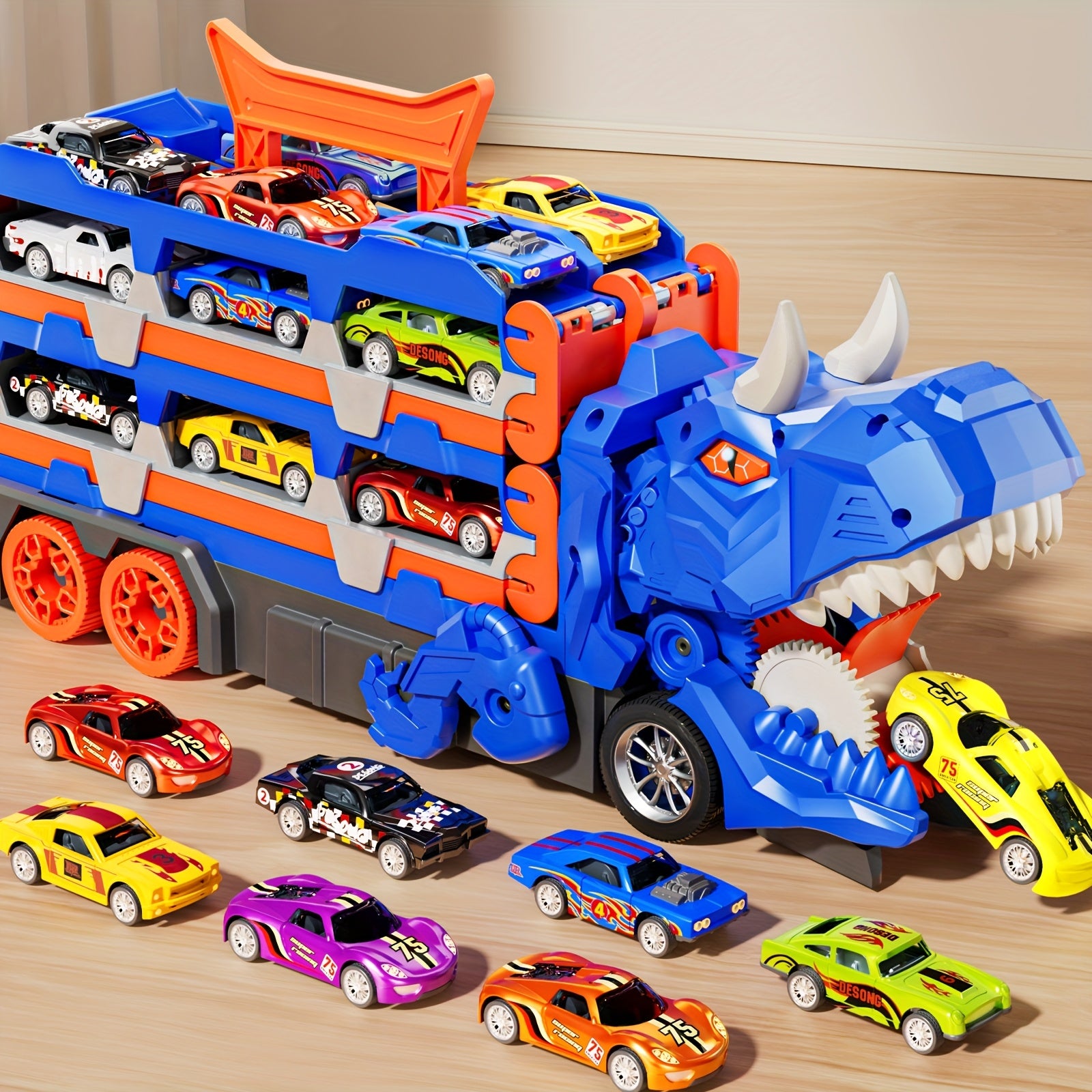 Transformable dinosaur truck for transporting 12 cars,
