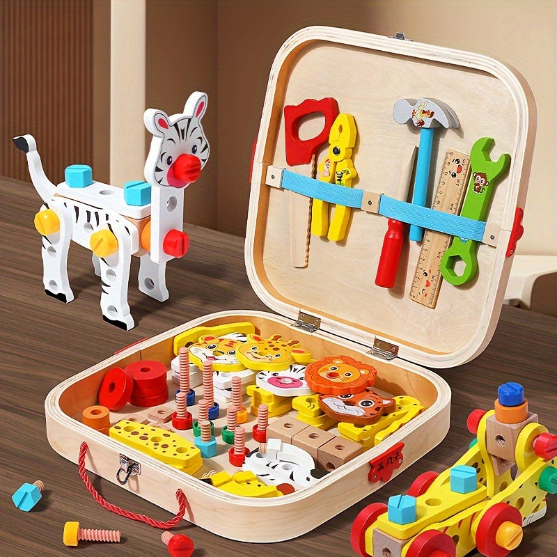 Wooden tool box with animal pattern and rope for kids