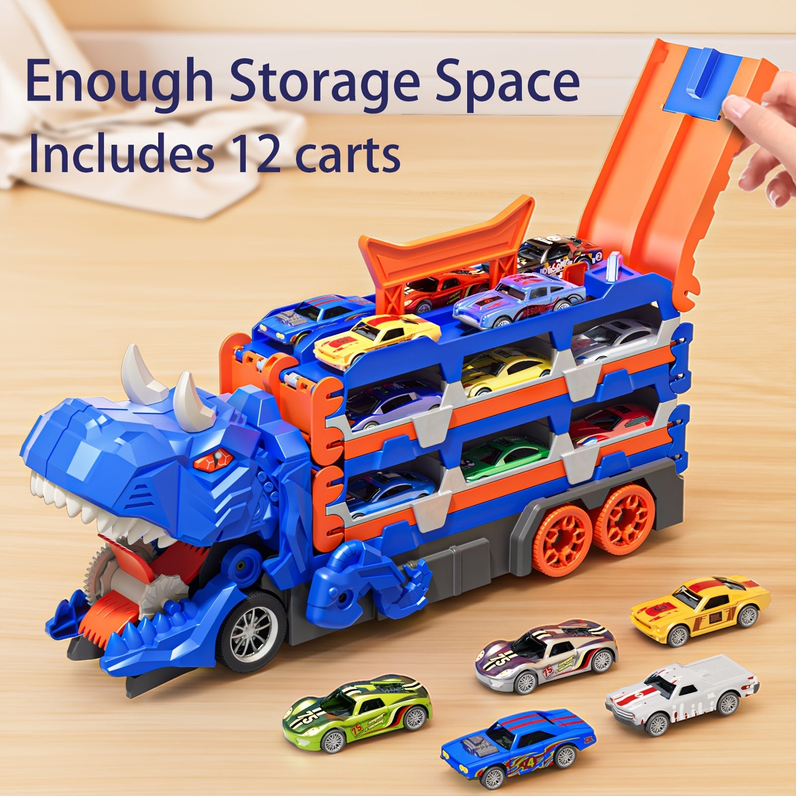 Transformable dinosaur truck for transporting 12 cars,