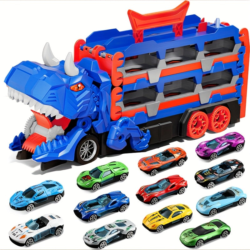 Transformable dinosaur truck for transporting 12 cars,