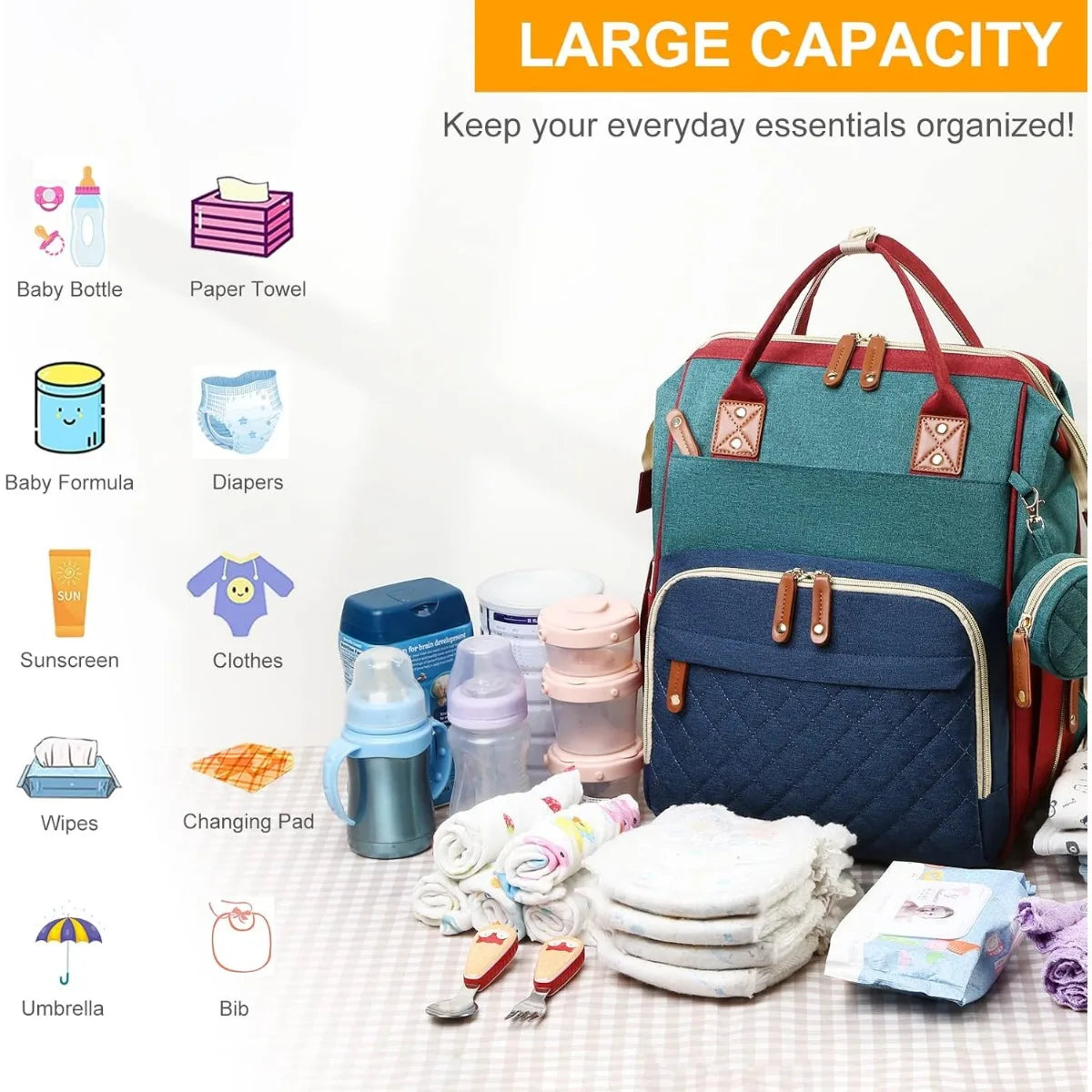 3-in-1 diaper bag with changing pad, with foldable changing pad