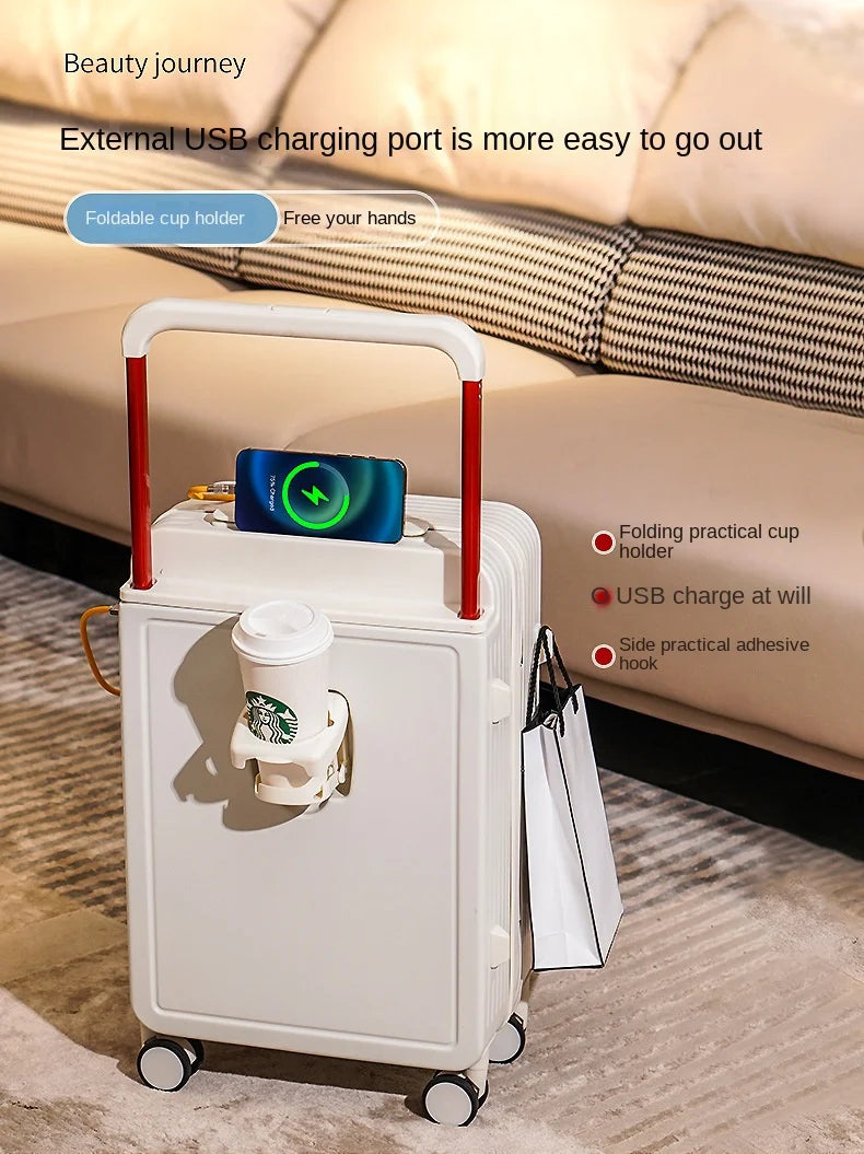 New design carry on suitcase with trolley and cup holder with USB charging
