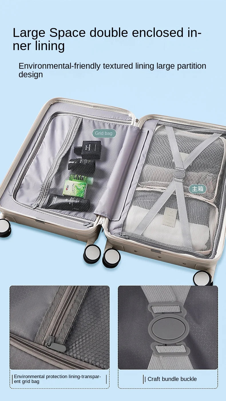 New design carry on suitcase with trolley and cup holder with USB charging