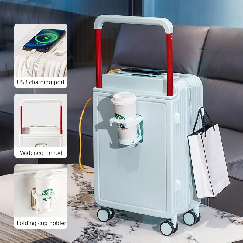 New design carry on suitcase with trolley and cup holder with USB charging