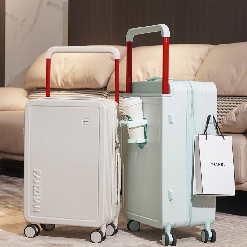 New design carry on suitcase with trolley and cup holder with USB charging