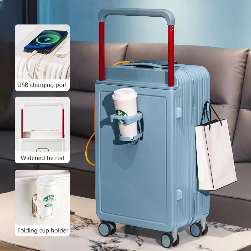 New design carry on suitcase with trolley and cup holder with USB charging