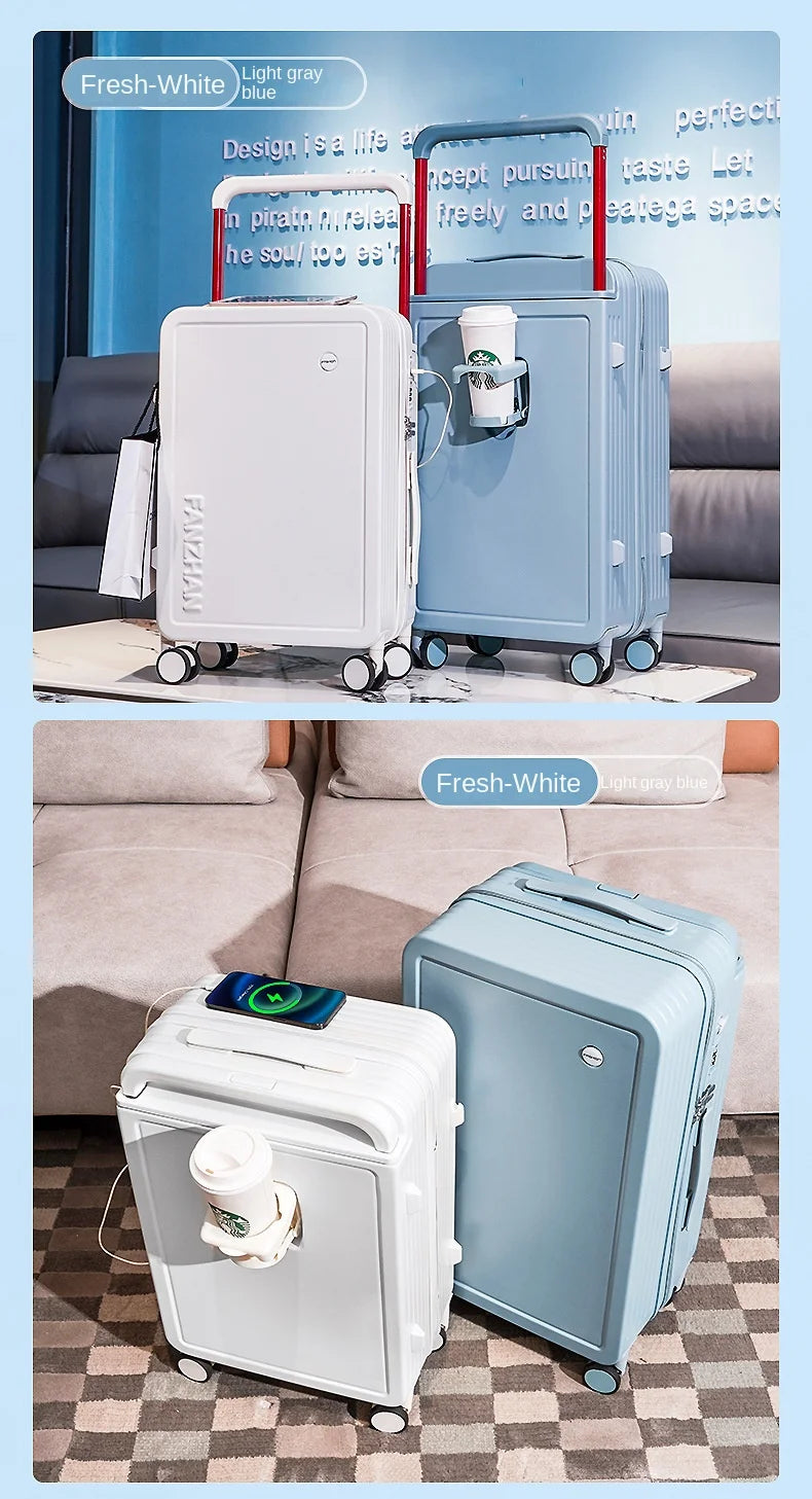 New design carry on suitcase with trolley and cup holder with USB charging