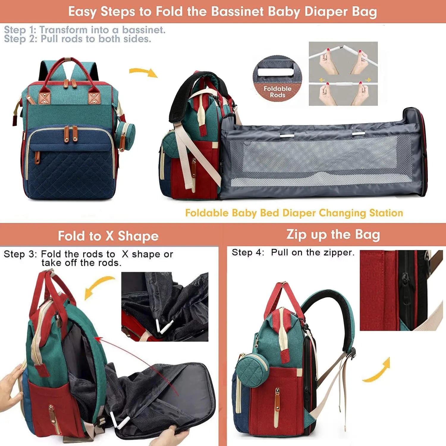 3-in-1 diaper bag with changing pad, with foldable changing pad