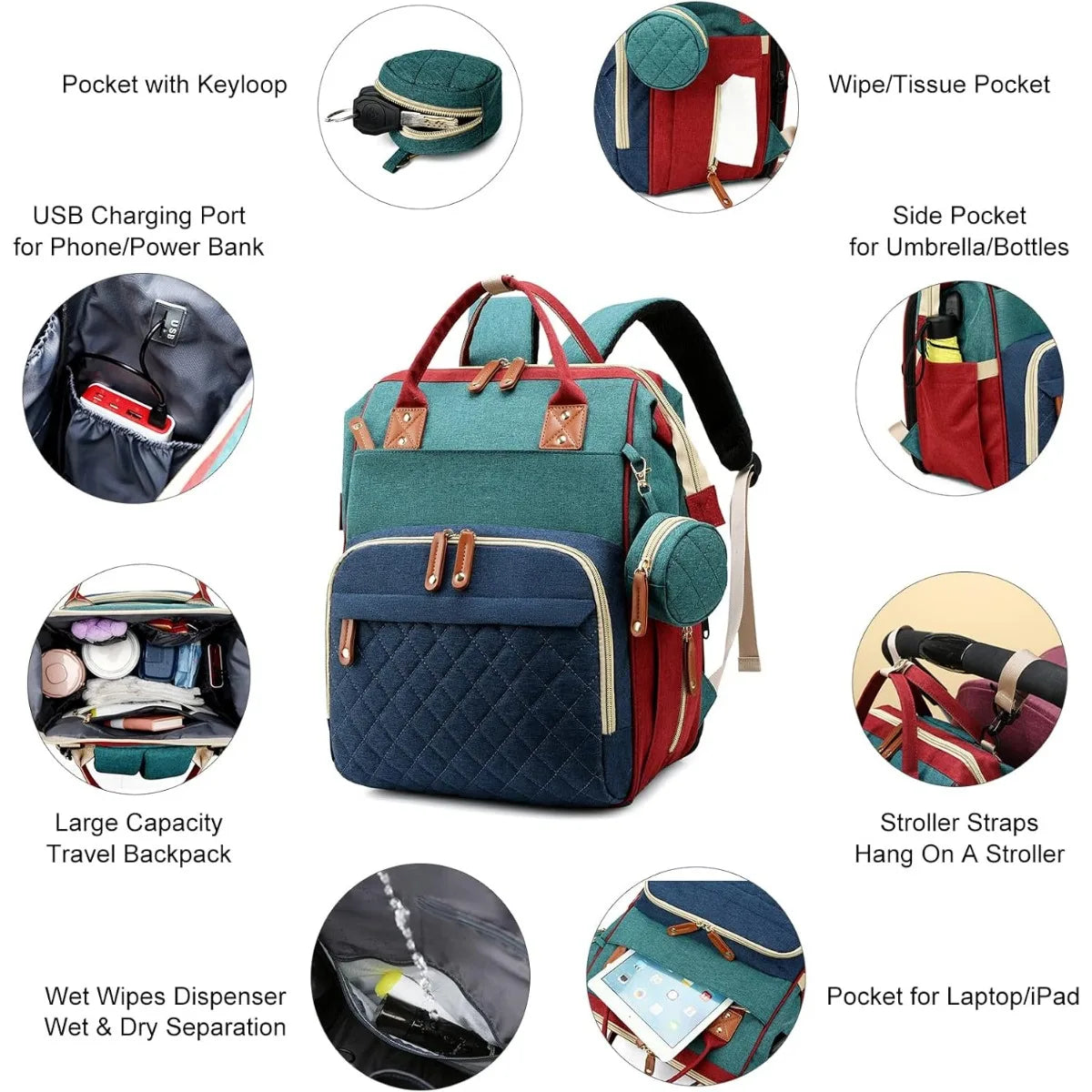 3-in-1 diaper bag with changing pad, with foldable changing pad