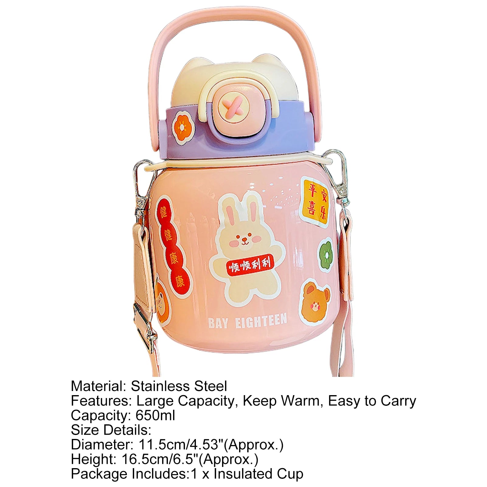 kawaii stainless steel water bottles with math straw handle