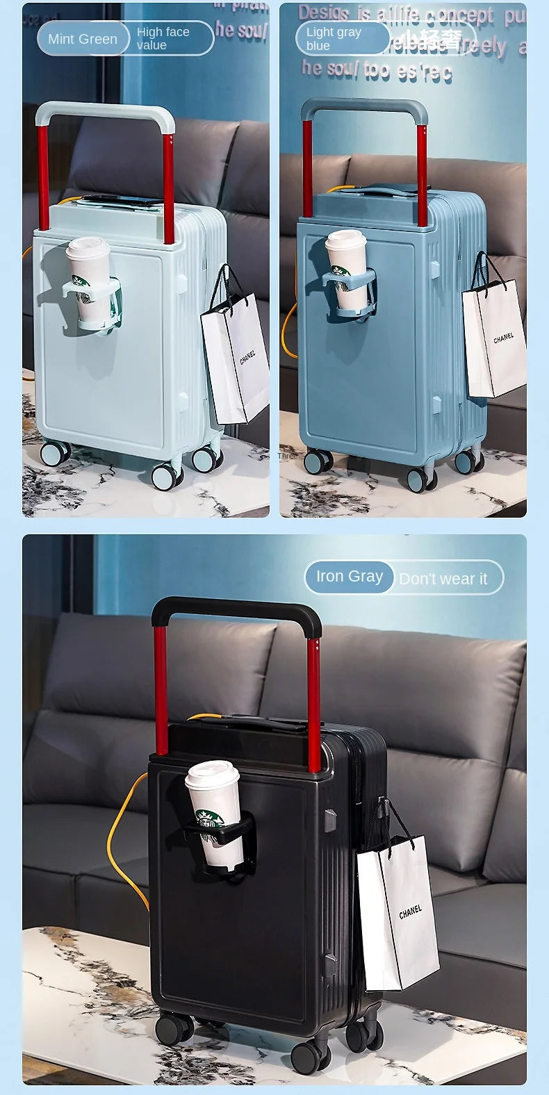 New design carry on suitcase with trolley and cup holder with USB charging