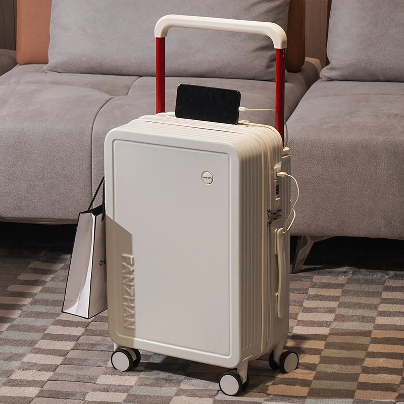 New design carry on suitcase with trolley and cup holder with USB charging