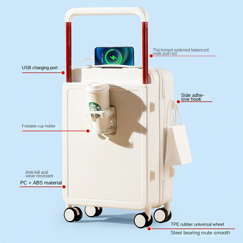 New design carry on suitcase with trolley and cup holder with USB charging