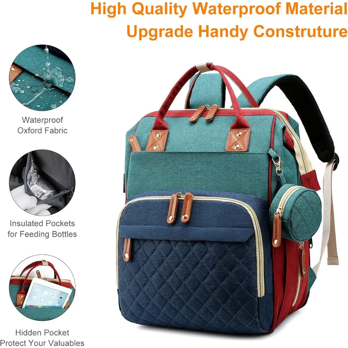 3-in-1 diaper bag with changing pad, with foldable changing pad