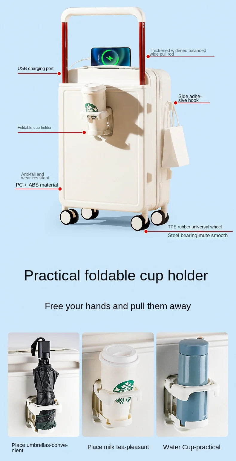 New design carry on suitcase with trolley and cup holder with USB charging