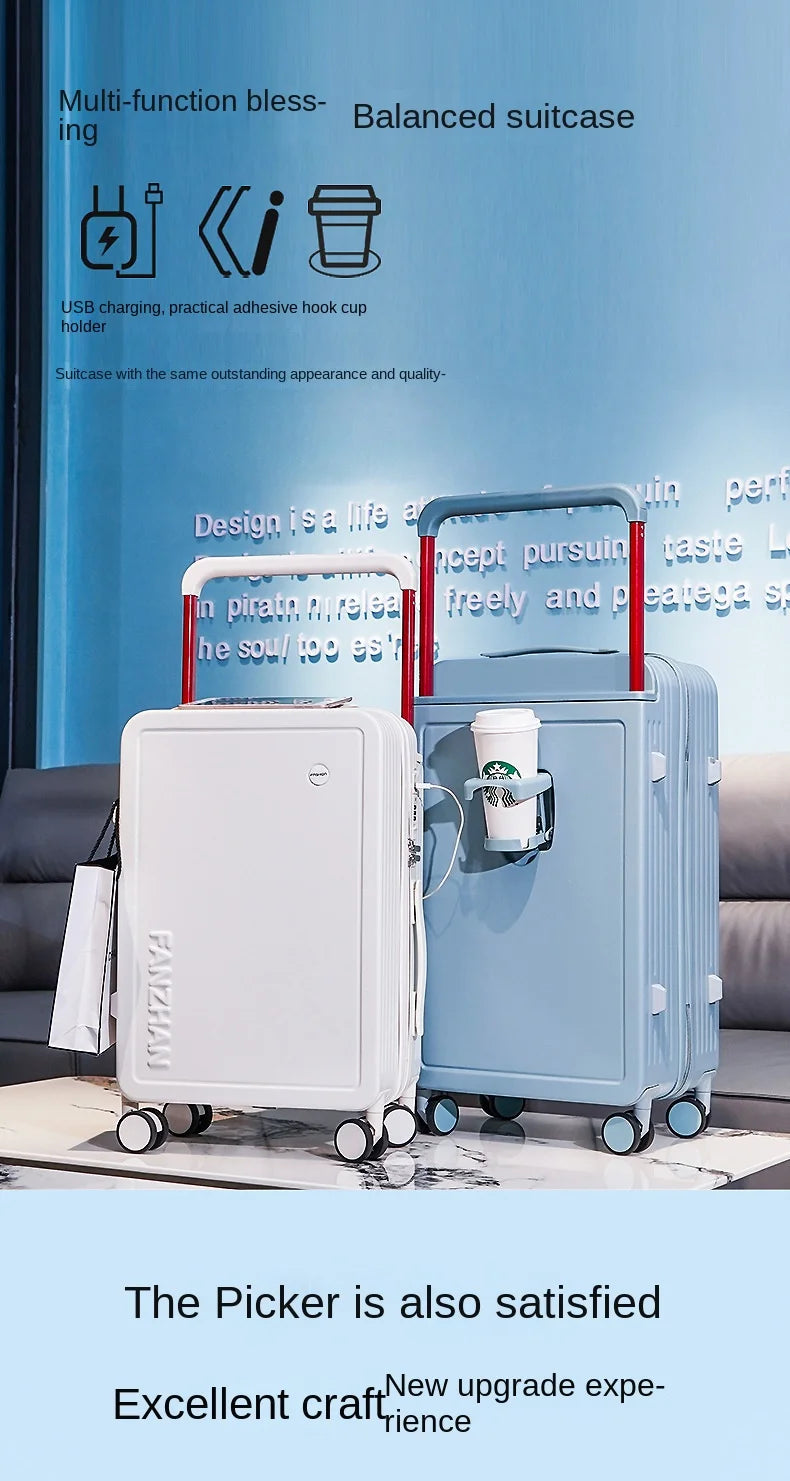 New design carry on suitcase with trolley and cup holder with USB charging