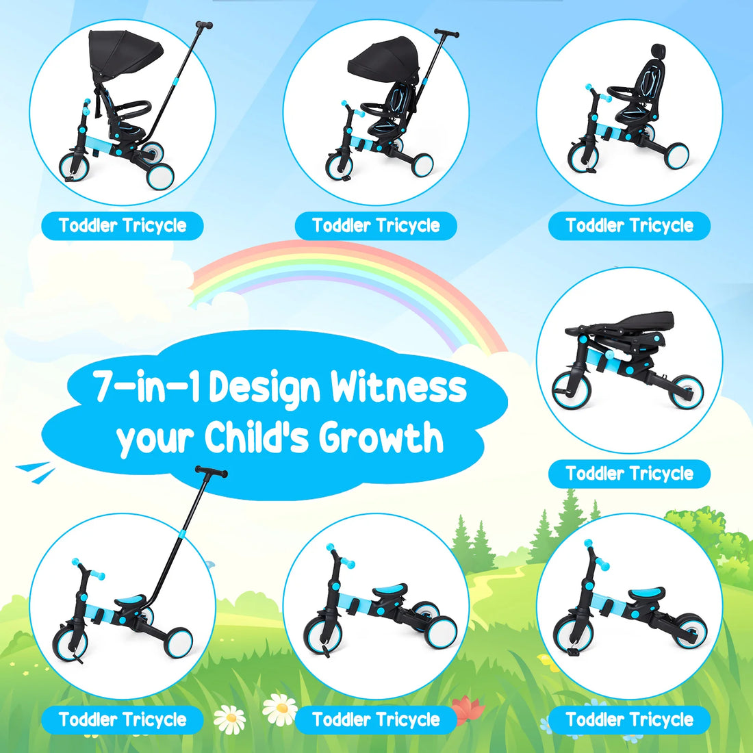 7 in 1 Adjustable Kids Folding Tricycle