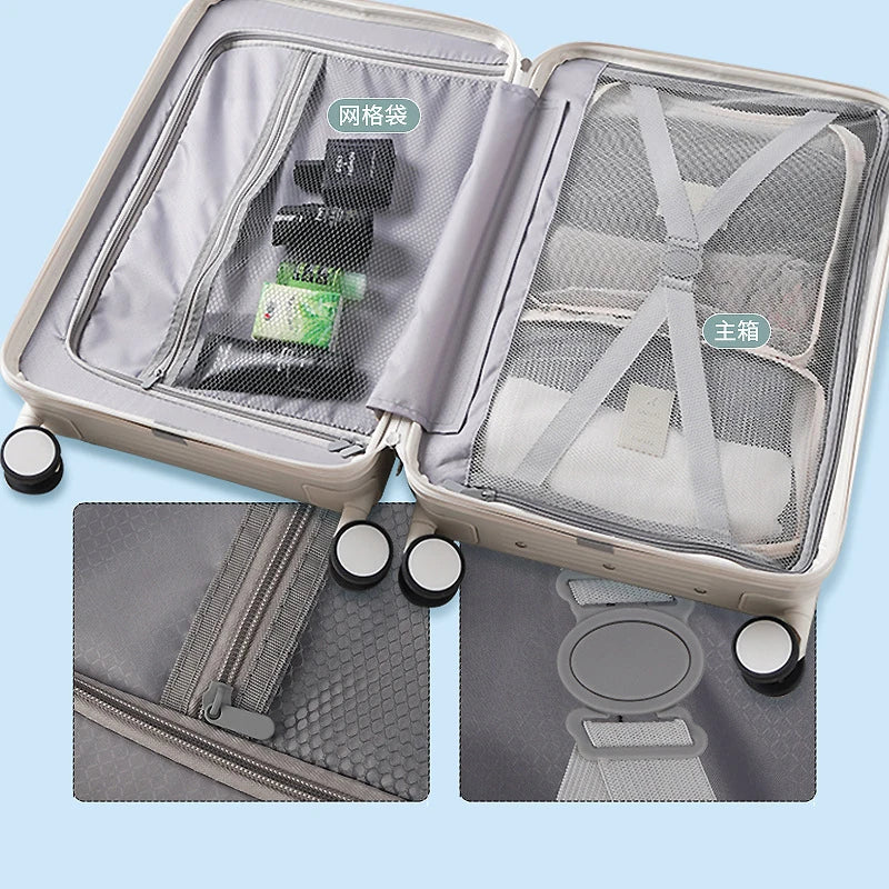 New design carry on suitcase with trolley and cup holder with USB charging