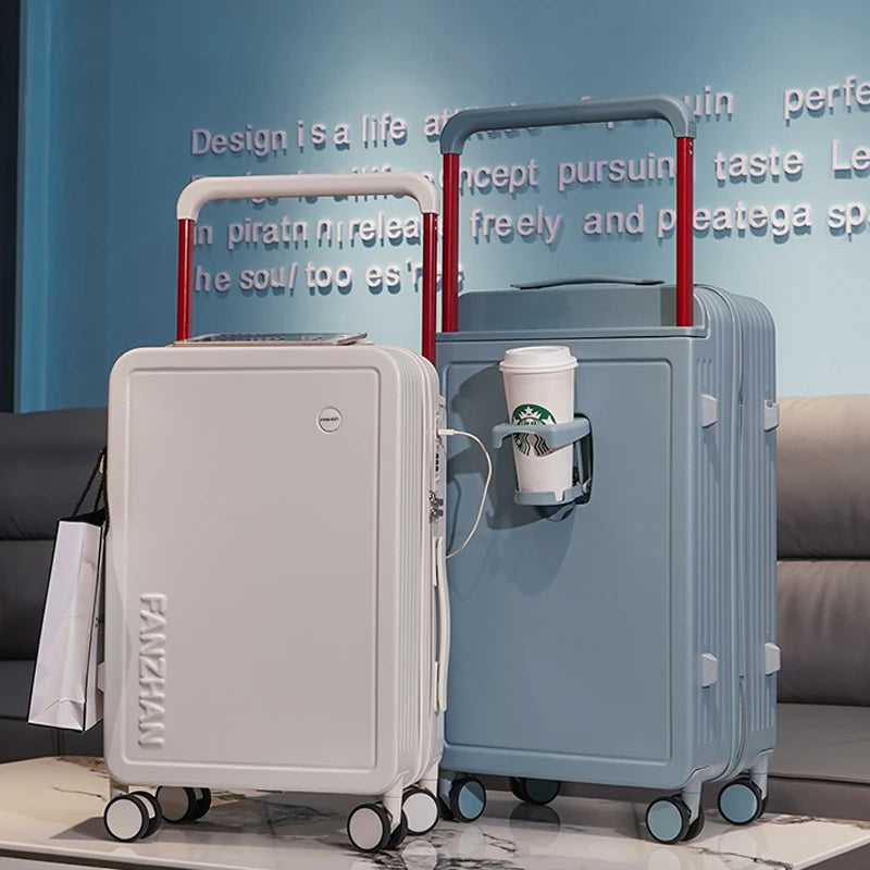 New design carry on suitcase with trolley and cup holder with USB charging