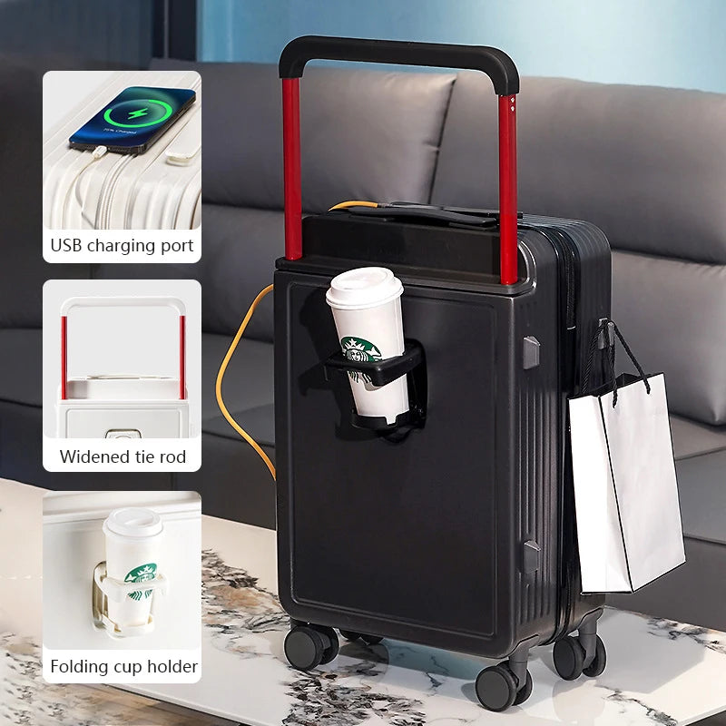 New design carry on suitcase with trolley and cup holder with USB charging