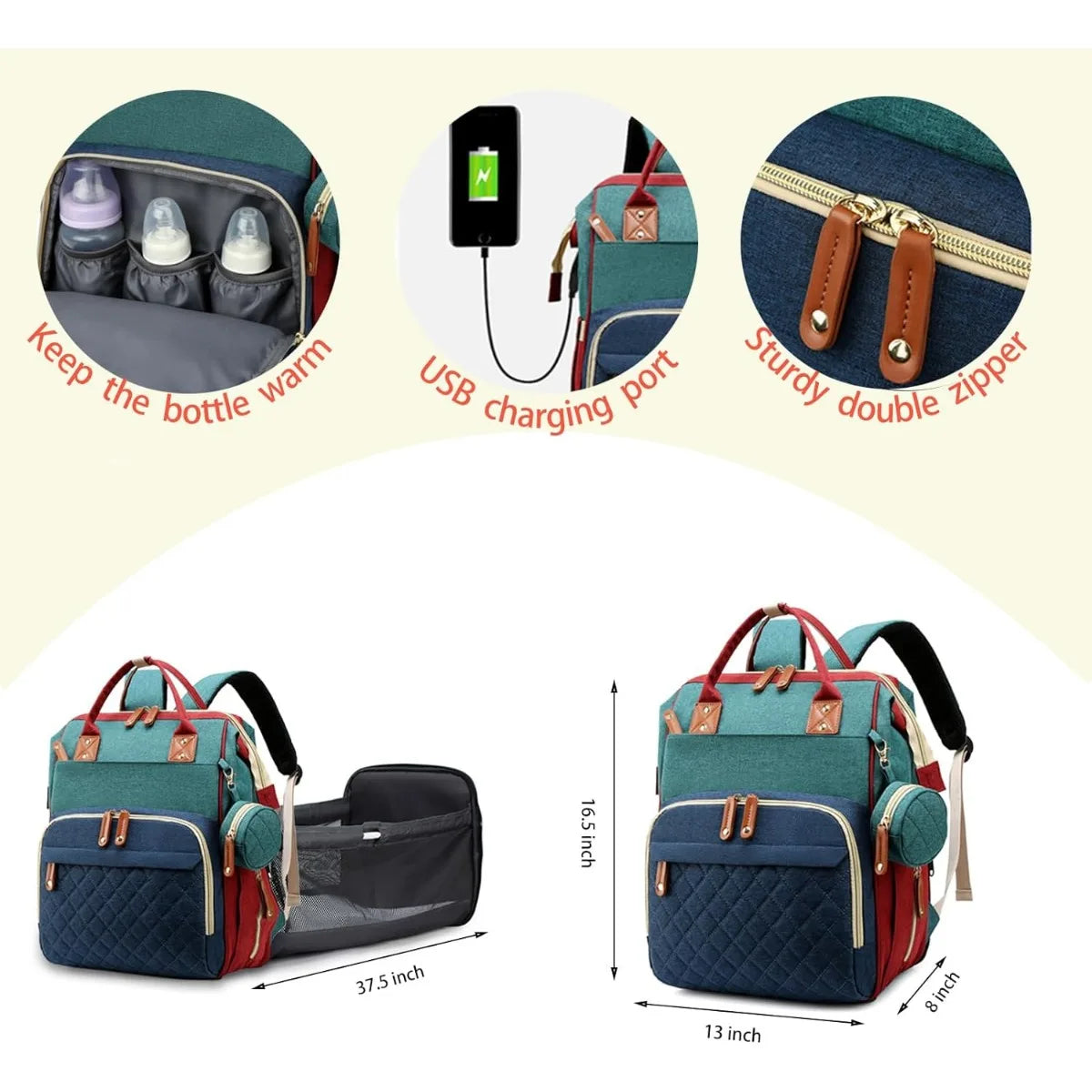 3-in-1 diaper bag with changing pad, with foldable changing pad