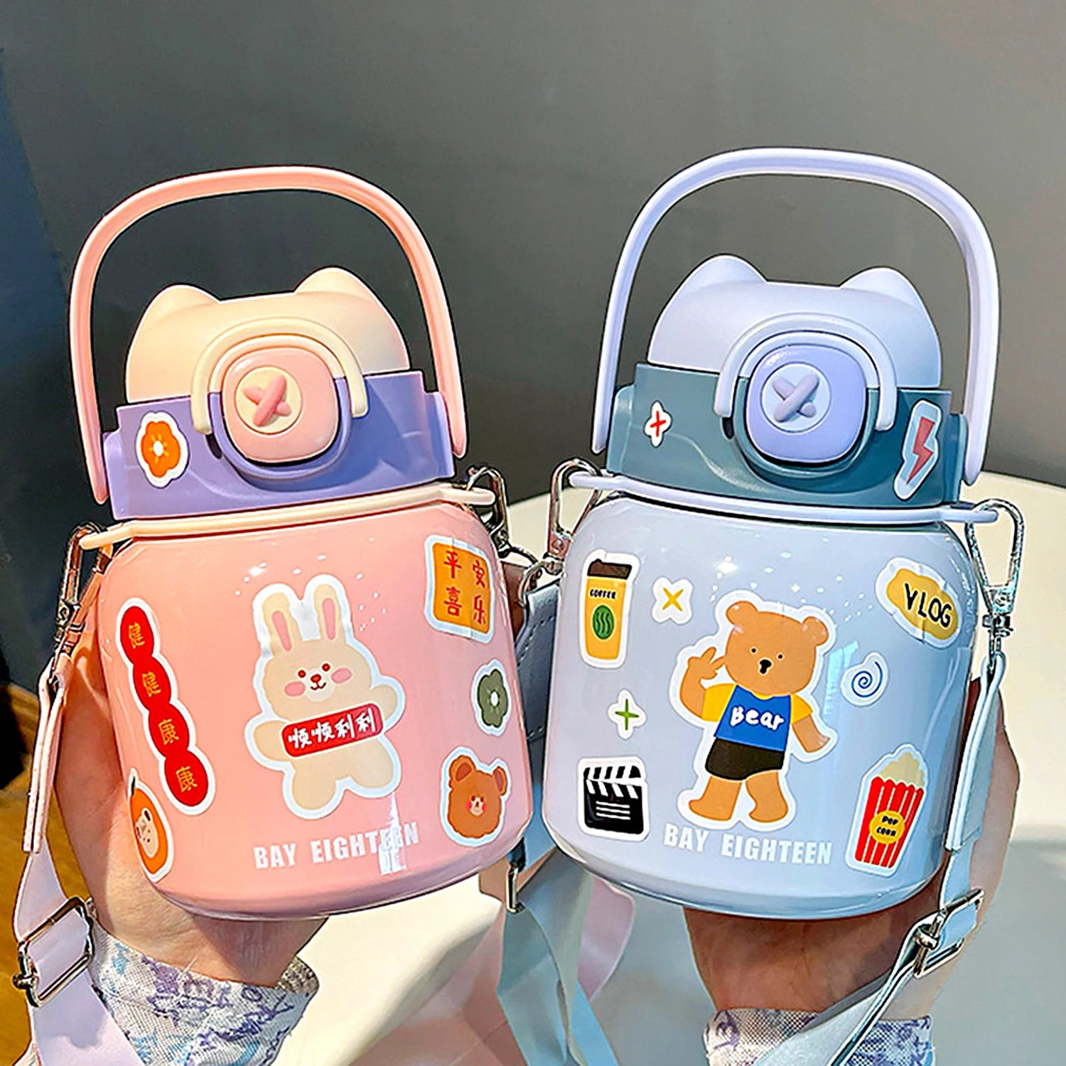 kawaii stainless steel water bottles with math straw handle