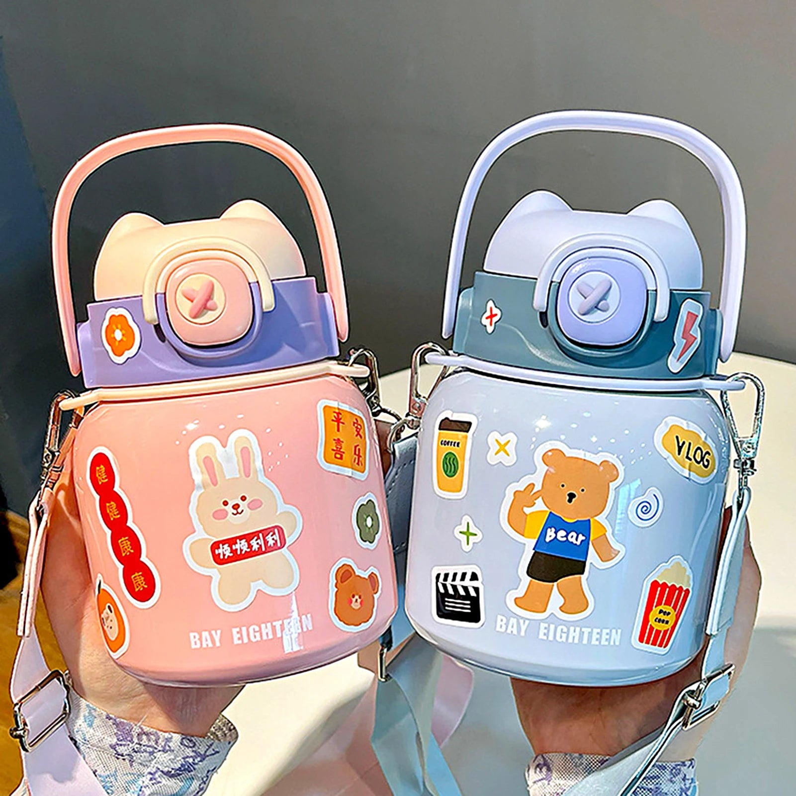 kawaii stainless steel water bottles with math straw handle