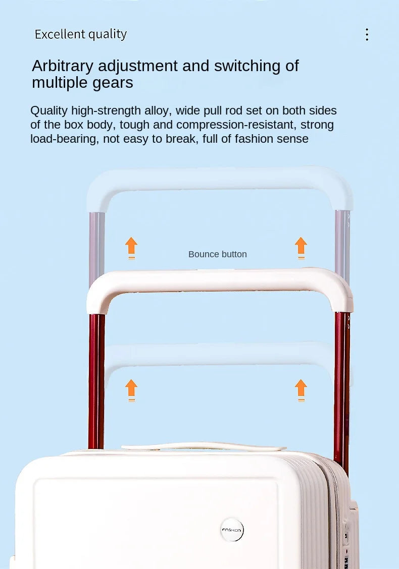 New design carry on suitcase with trolley and cup holder with USB charging