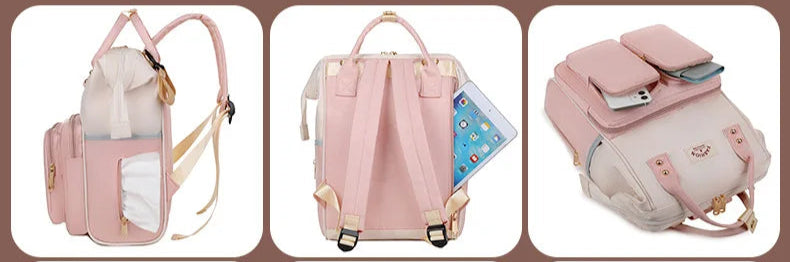 Multifunctional diaper backpack.