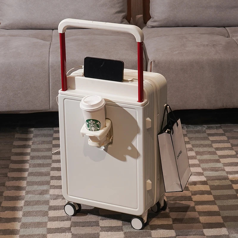 New design carry on suitcase with trolley and cup holder with USB charging