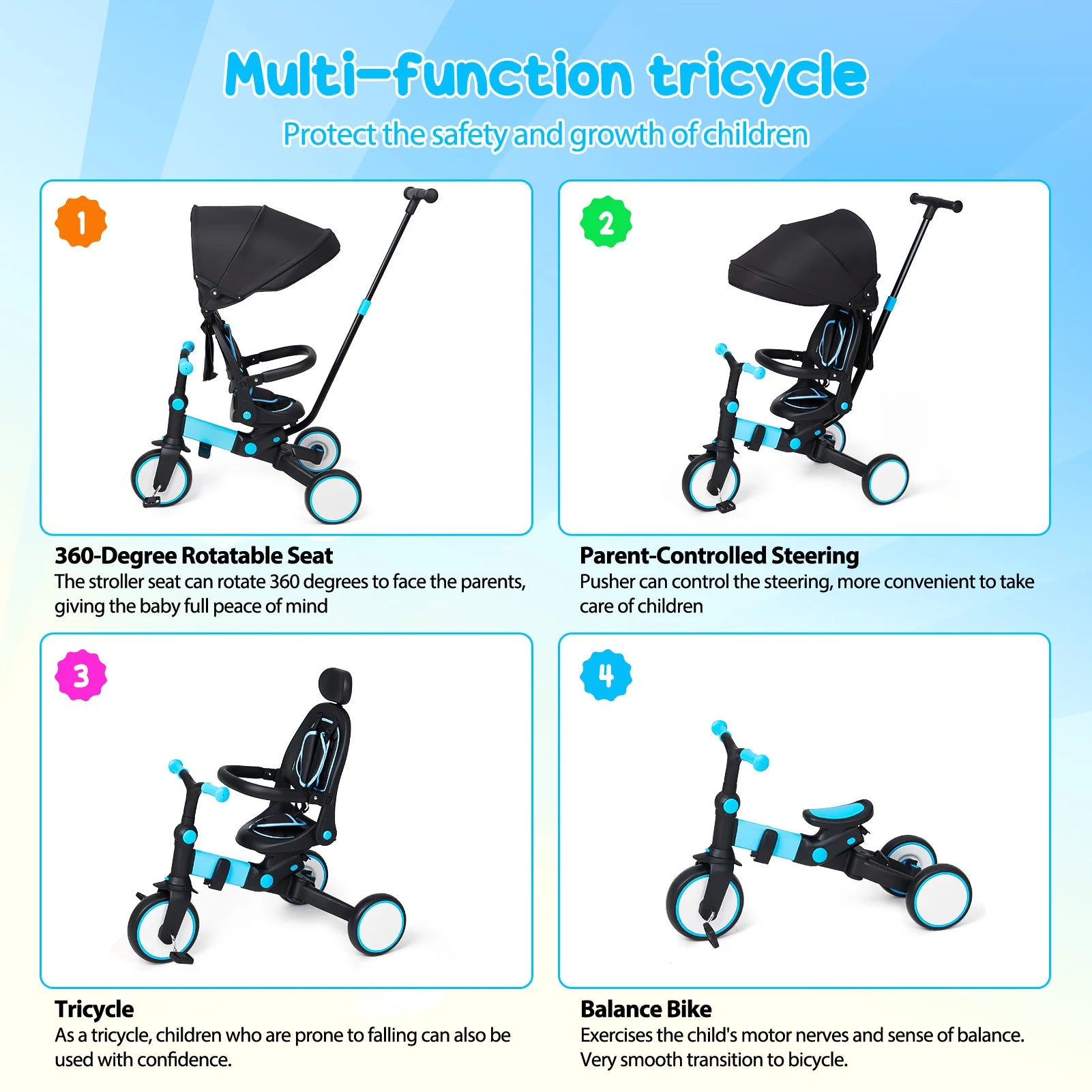 7 in 1 Adjustable Kids Folding Tricycle