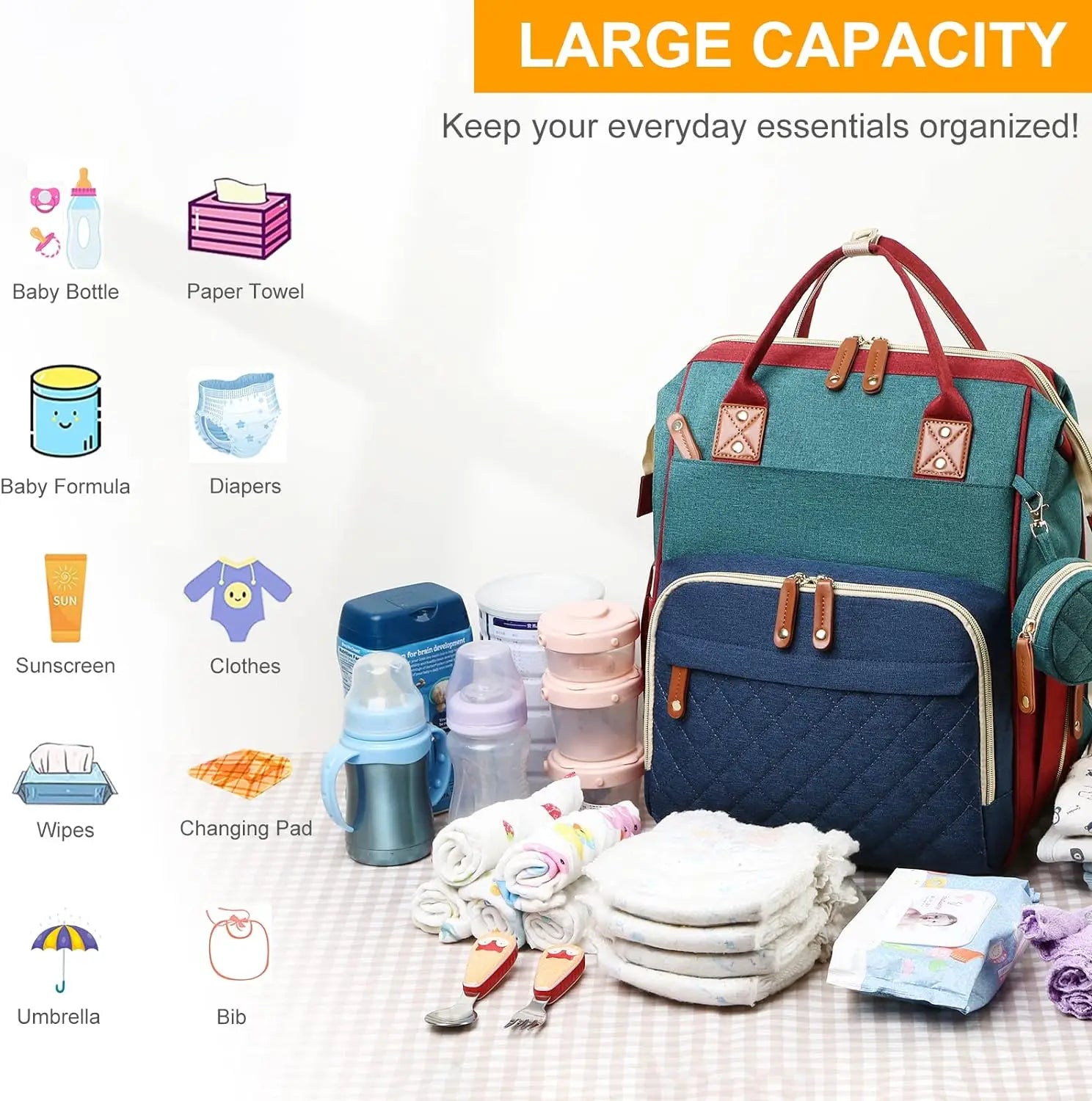 3-in-1 diaper bag with changing pad, with foldable changing pad