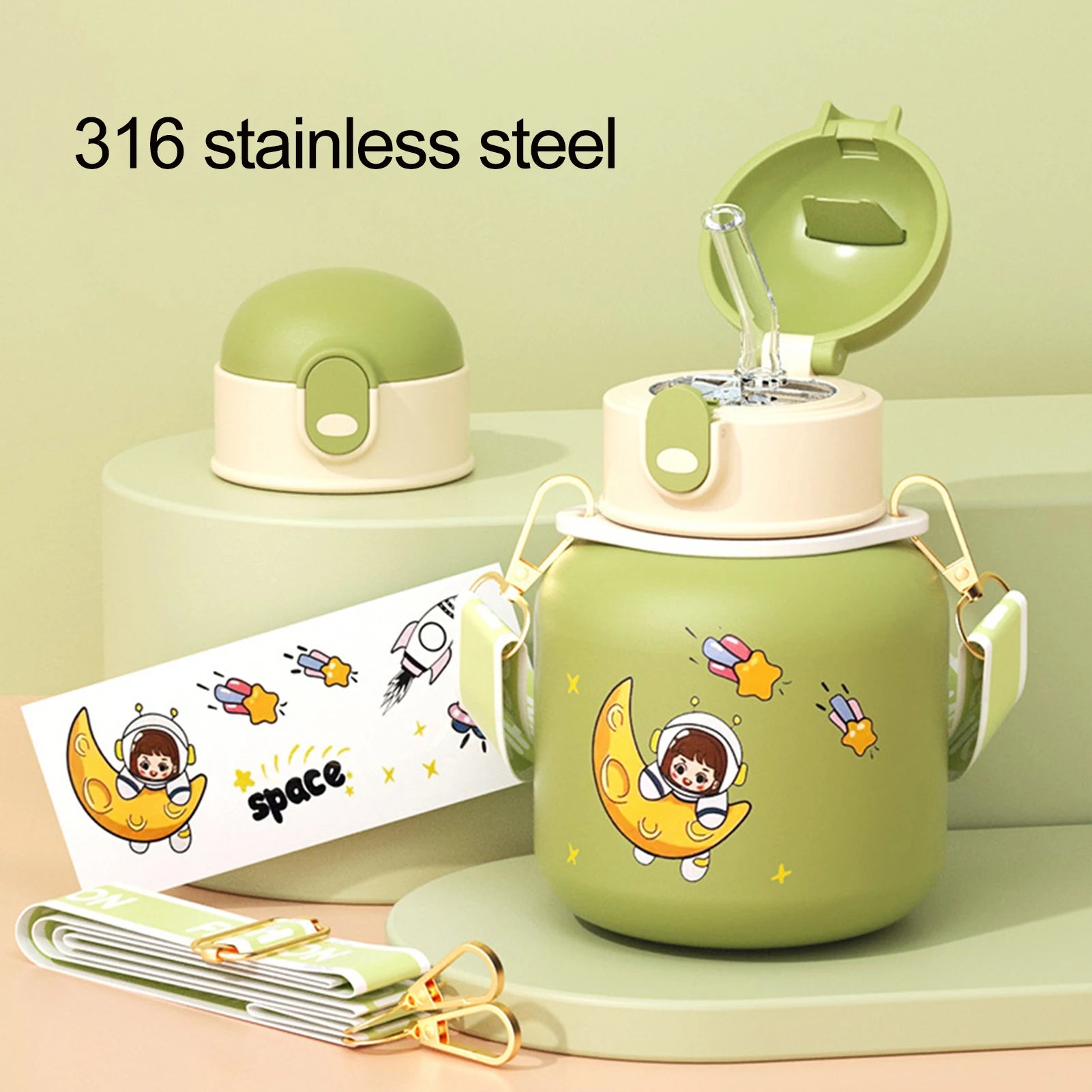kawaii stainless steel water bottles with math straw handle
