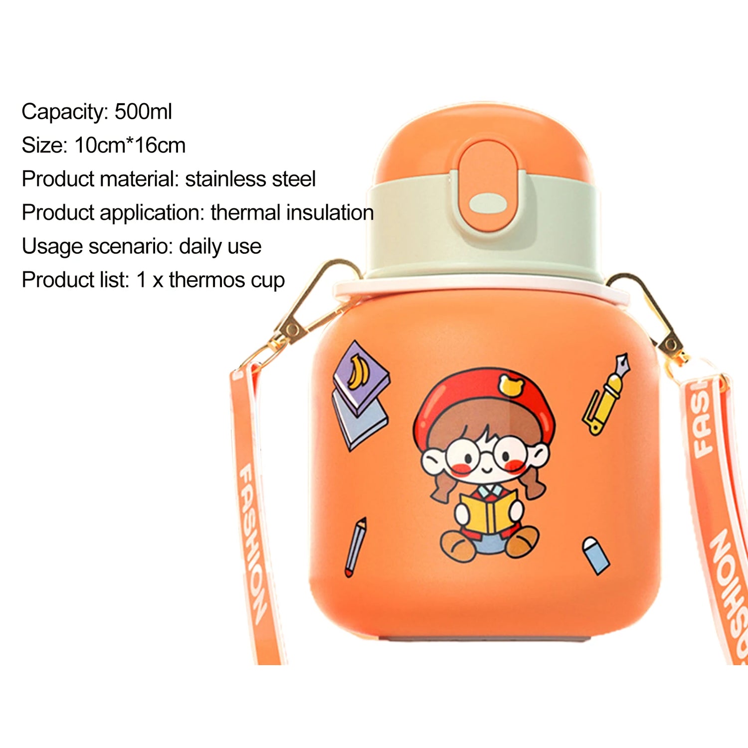 kawaii stainless steel water bottles with math straw handle