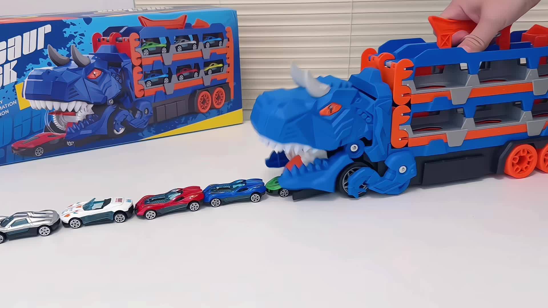 Transformable dinosaur truck for transporting 12 cars,