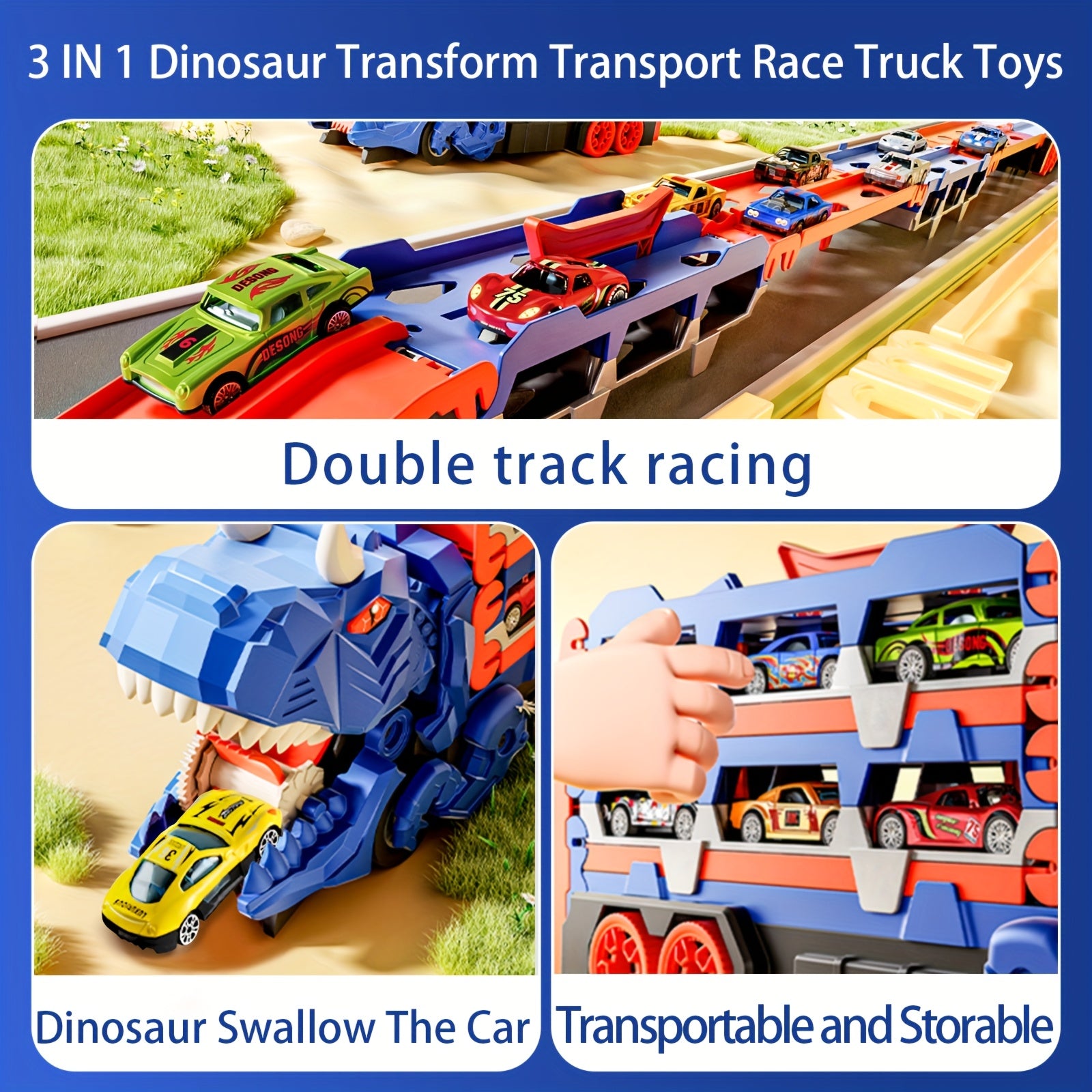 Transformable dinosaur truck for transporting 12 cars,