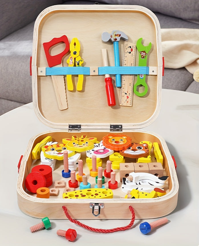 Wooden tool box with animal pattern and rope for kids