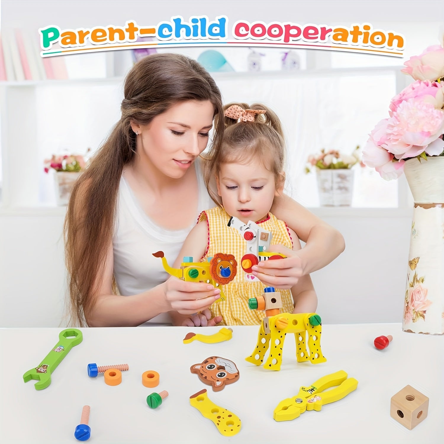Wooden tool box with animal pattern and rope for kids