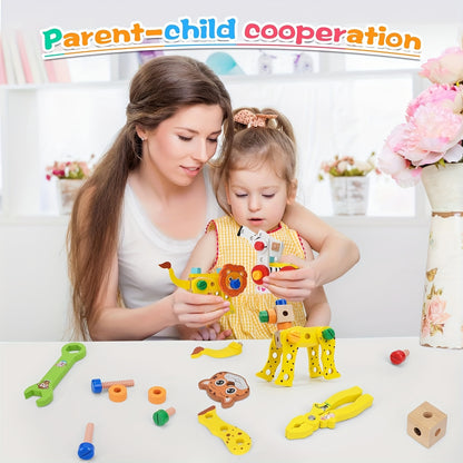 Wooden tool box with animal pattern and rope for kids
