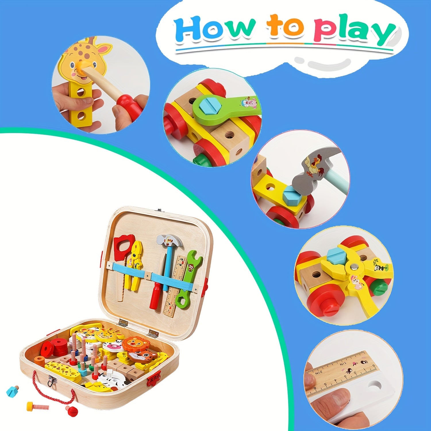 Wooden tool box with animal pattern and rope for kids