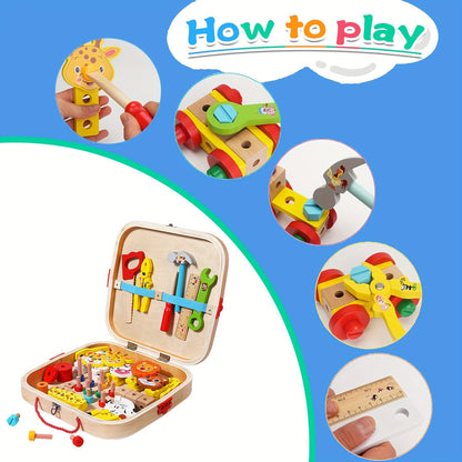 Wooden tool box with animal pattern and rope for kids