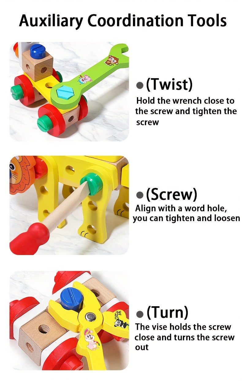 Wooden tool box with animal pattern and rope for kids