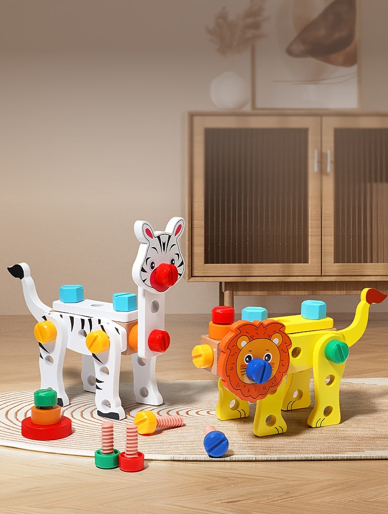 Wooden tool box with animal pattern and rope for kids