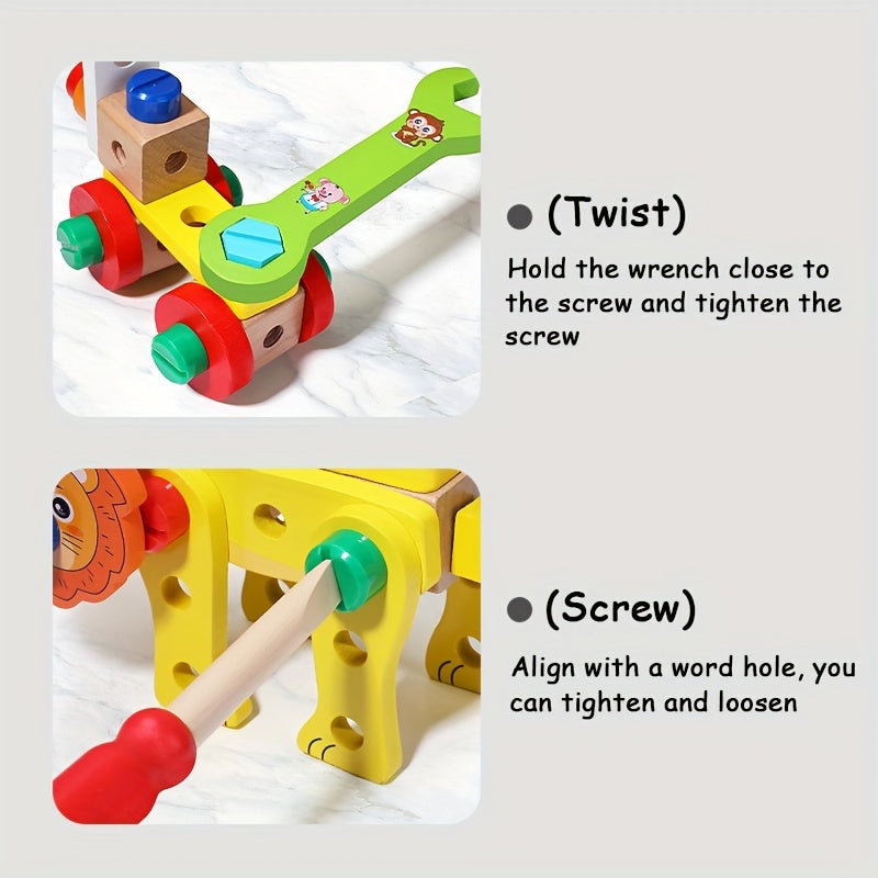 Wooden tool box with animal pattern and rope for kids