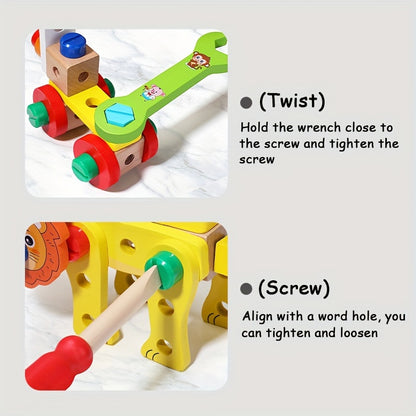 Wooden tool box with animal pattern and rope for kids
