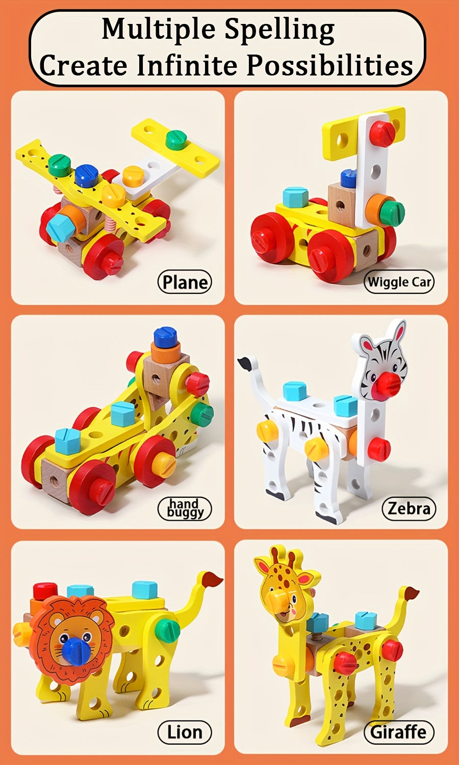 Wooden tool box with animal pattern and rope for kids