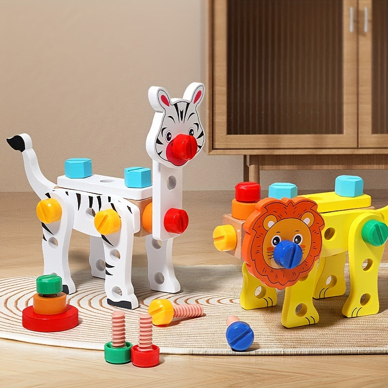 Wooden tool box with animal pattern and rope for kids