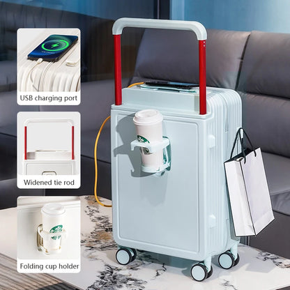 New design carry on suitcase with trolley and cup holder with USB charging