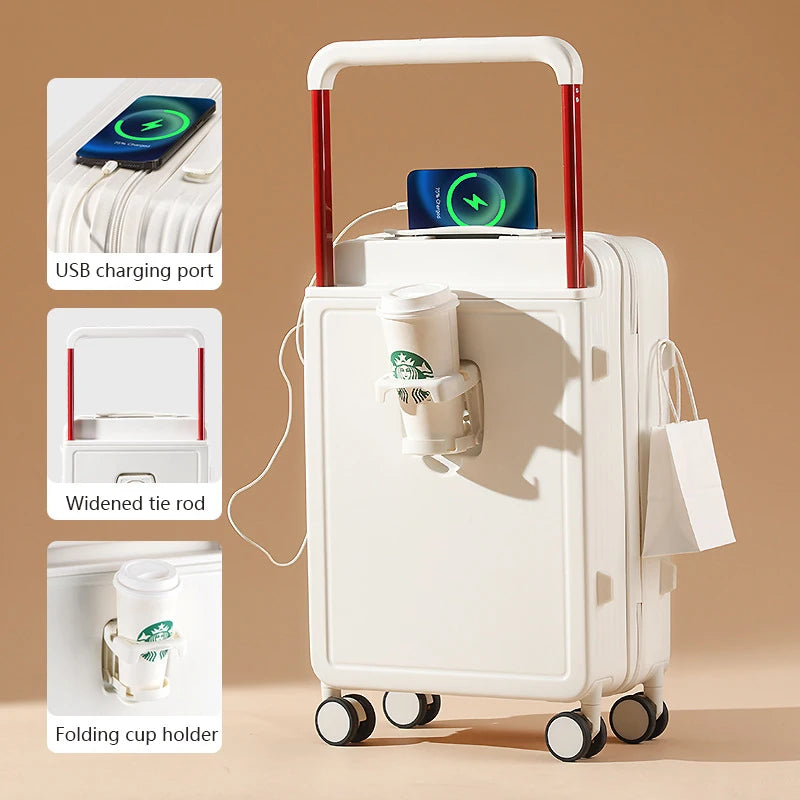 New design carry on suitcase with trolley and cup holder with USB charging