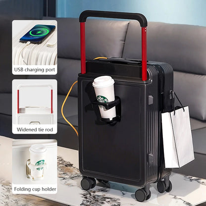 New design carry on suitcase with trolley and cup holder with USB charging